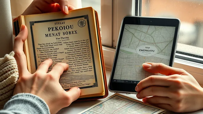 Символическое изображение баланса культур: древняя книга и современный гаджет, соединённые картой Таро 'Умеренность' на фоне нового города.