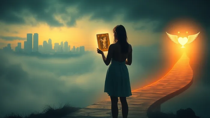 Символическое изображение человека на развилке между путем к городу и путем к сердцу, освещенное картой Таро.