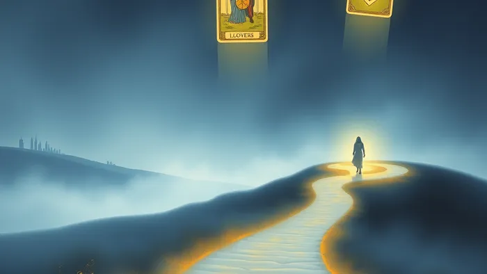 Символическое изображение перекрестка судьбы: две дороги, город и сад, парящие карты Таро (Влюбленные, Двойка Мечей, Колесница) в туманном, таинственном пейзаже.