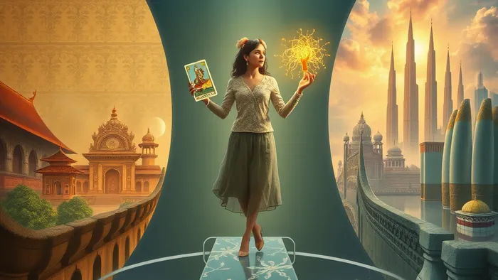 Символическое изображение человека на мосту между двумя мирами, держащего карты Таро Колесница и Императрица, как метафора баланса между новой страной и культурными корнями.