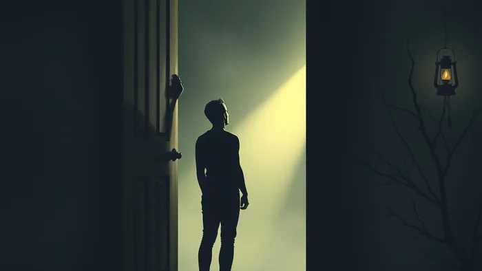Символическое изображение выбора между старыми отношениями и новым путём. Человек в дверном проёме, его тень в помещении в цепях, а сам он смотрит на далёкий свет и фонарь Отшельника на дереве.