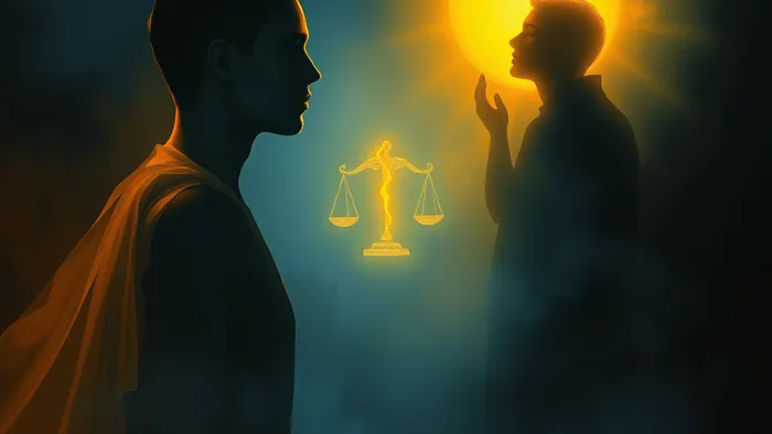 Символическое изображение двух энергетических силуэтов, между которыми парят символы карт Таро, иллюстрирующее мгновенное притяжение и отторжение на тонком плане.