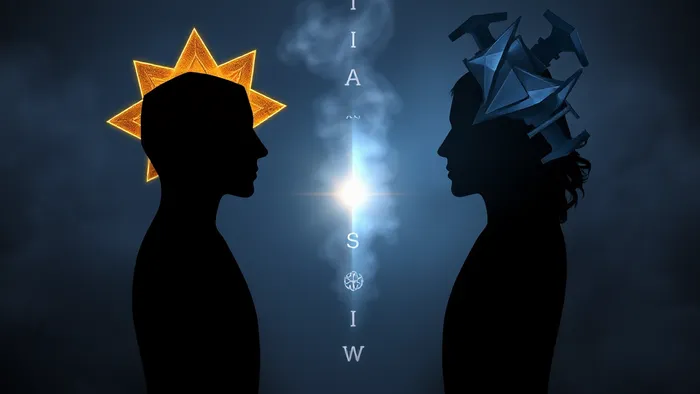 Два абстрактных человеческих силуэта, один из тёплых гармоничных форм, другой — из холодных острых элементов. Между ними — полупрозрачные символы Старших Арканов Таро. Визуальная метафора мгновенного резонанса и отторжения.