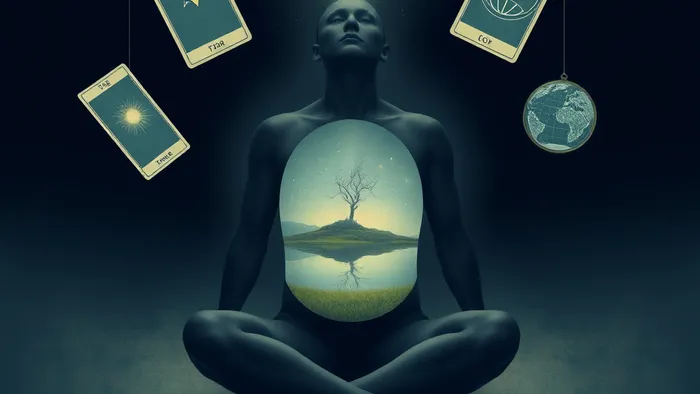 Символическое изображение обретения мира в душе: человек в состоянии покоя, внутри которого виден целый гармоничный мир. Вокруг парят карты Таро — Звезда, Умеренность, Мир.