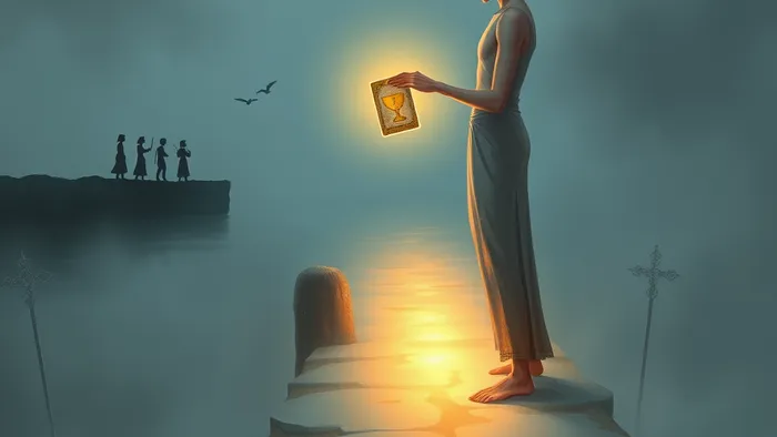 Символическое изображение миротворца на перекрёстке: фигура держит светящуюся карту Таро Двойка Кубков, создавая мост света между двумя берегами конфликта.