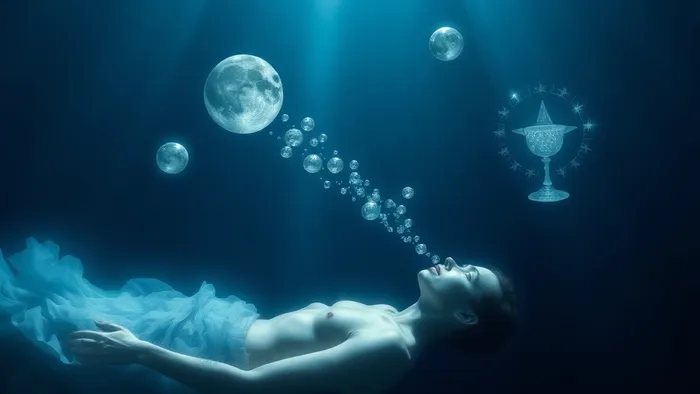 Человек плывет в глубине океана, выдыхая пузыри, превращающиеся в карты Таро: Луну, Звезду и Туз Кубков. Сюрреалистичное изображение сна о дыхании под водой.