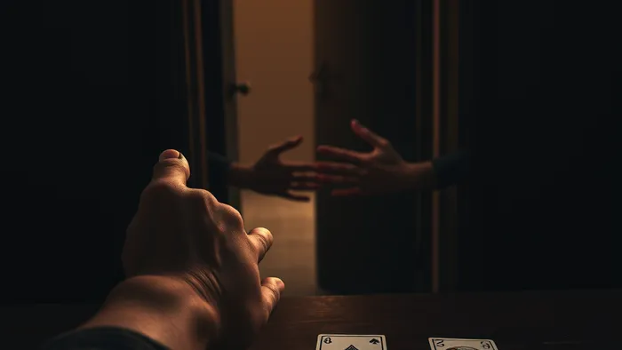 Символическое изображение руки, тянущейся из тени к свету и поддержке, рядом карты Таро Повешенный и Пятерка Пентаклей.