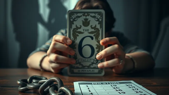 Символическое изображение человека, скрывающего лицо за картой Таро Шестёрка Пентаклей, на фоне размытых силуэтов семьи. Разорванная цепь на столе символизирует освобождение от бремени долга.