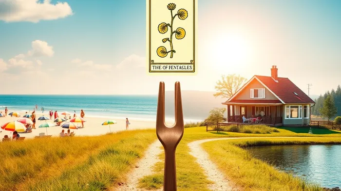 Символическое изображение выбора: летний пейзаж с развилкой. Слева — оживленный пляж, справа — уединенный дом у озера. В центре парит карта Таро Двойка Пентаклей.