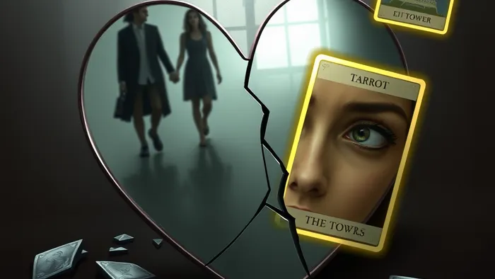 Символическое изображение разбитого зеркала в форме сердца. В осколках — отражения уходящих фигур и вдумчивого взгляда. На фоне — контуры карт Таро Тройка Мечей и Башня.