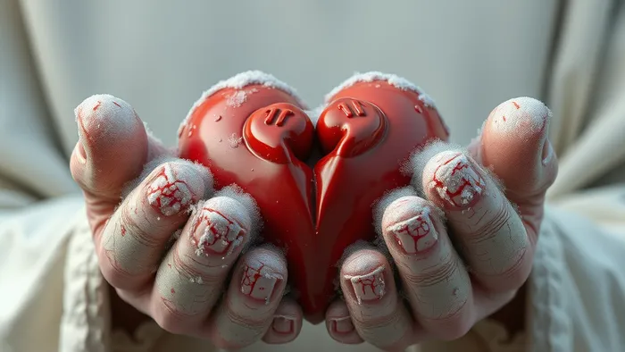 Хрустальное сердце в руках, отражающее фигуры, и карты Таро Башня, 3 Мечей и Силе вокруг. Символ хрупкости и исцеления после предательства.