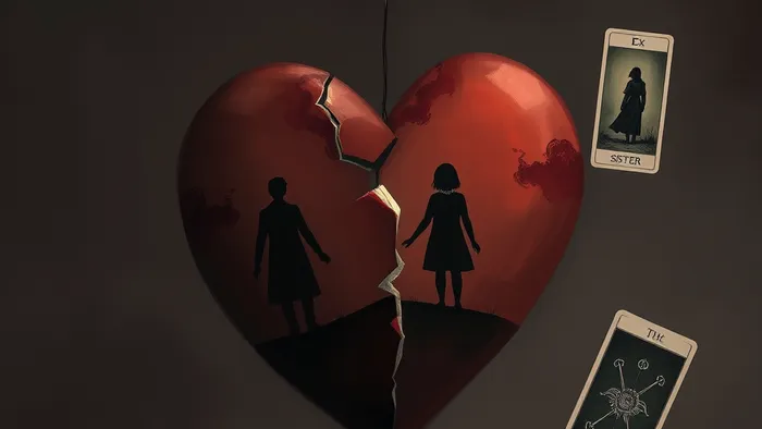 Символическое изображение разбитого сердца и карт Таро (Башня, 3 Мечей) как метафора двойного предательства и пути к исцелению.