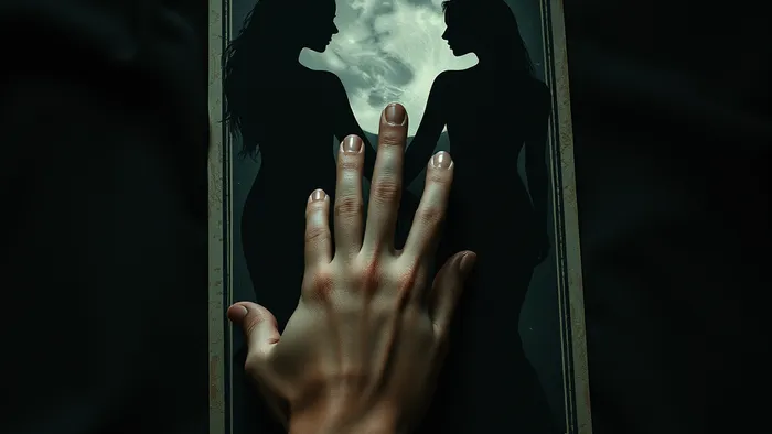 Символическое изображение дилеммы: две женские фигуры, настоящая и бывшая, отражены в карте Таро, лежащей на бархате. Рука мужчины находится между ними.