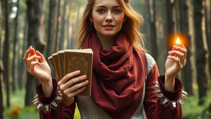 Женщина стоит на перекрестке двух дорог с картами Таро в руках, символизируя выбор между стабильностью и страстью