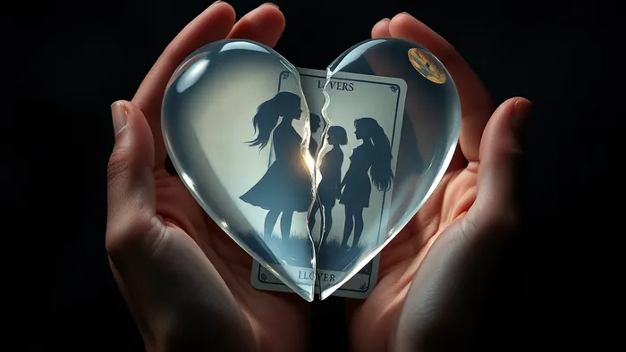 Символическое изображение выбора в отношениях: расколотое хрустальное сердце в руках, отражающее разные пути. Рядом карта Таро Влюбленные.