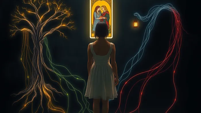 Символическое изображение женщины, связанной нитями со старым деревом (семья) и мужчиной с фонарём (партнёр). Между ними парит карта Таро, освещая пространство.