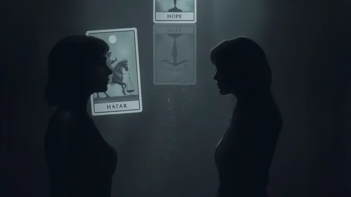 Символичное изображение матери и взрослой дочи в момент сложного разговора. Между ними парят полупрозрачные образы карт Таро: Колесница, Правосудие и Звезда.