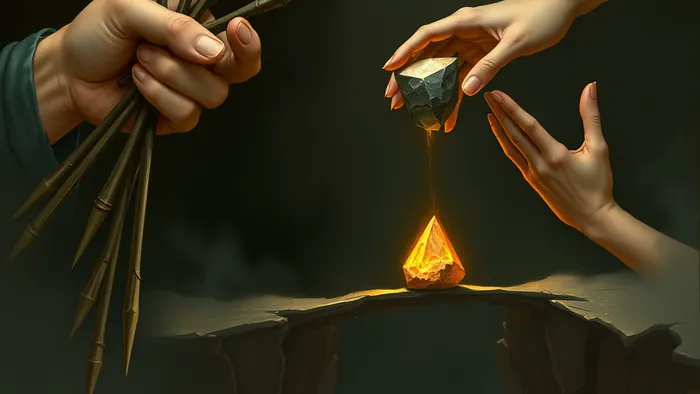 Символическое изображение перехода от контроля (сжатые жезлы, отбрасывающие тень) к построению доверия (две руки аккуратно кладут светящийся камень на хрупкий мост над пропастью).