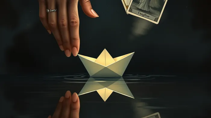 Символичное изображение матери, отпускающей бумажный кораблик (дочь) в реку жизни. Отражения в воде показывают переход к новым отношениям. Вокруг парят арканы Таро: Звезда и Императрица.