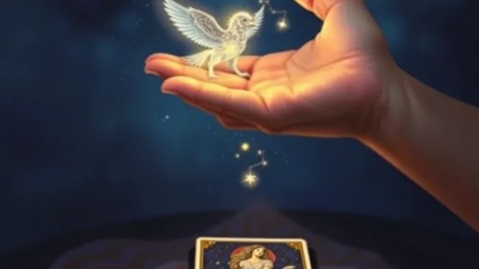 Символическое изображение: рука матери отпускает созвездие-птицу (дочь) в ночное небо. На столе лежит карта Таро 'Сила', объединяя образы мягкой силы и отпускания.
