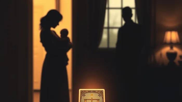 Символическое изображение дистанции в семье: мать с ребёнком и отдалённый силуэт отца, соединённые светом от карты Таро на столе.