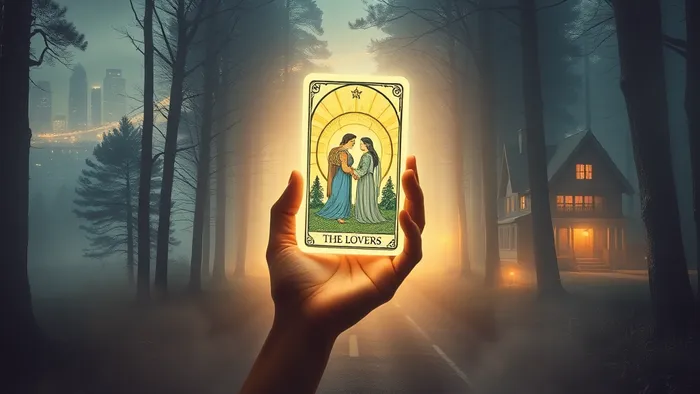 Символическое изображение выбора на перепутье: две дороги в волшебном лесу, одна ведет к городу, другая — к дому, в центре — карта Таро Влюбленные.