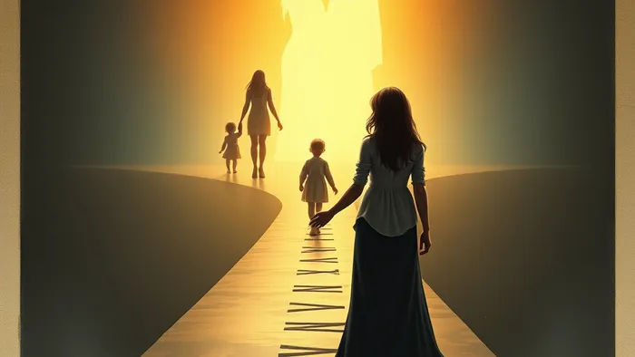 Символическое изображение женщины на перекрестке: один путь — пара без детей, другой — одинокая дорога к свету в форме матери и ребенка. Архетипический выбор.