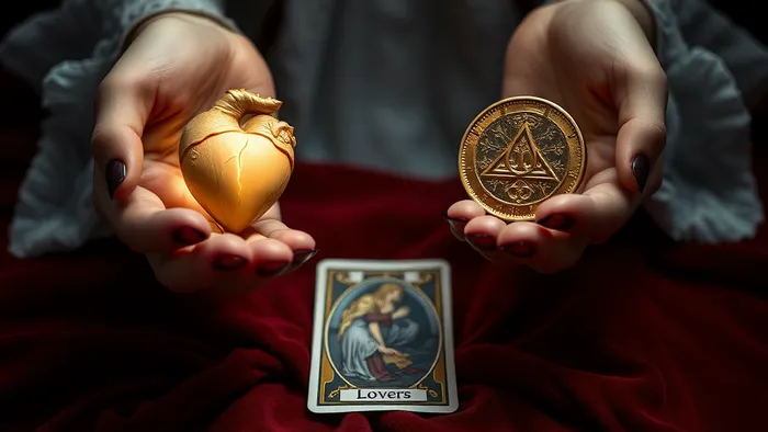 Символическое изображение дилеммы сердца и монеты рядом с картой Таро Влюбленные