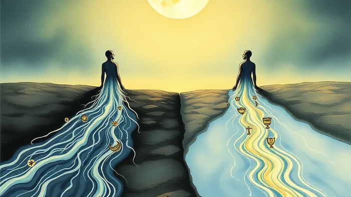 Символическое изображение двух людей как светящихся рек, текущих из прошлого. Их потоки меняют цвет и направление, олицетворяя личностную трансформацию со временем. Стилистика, напоминающая карты Таро.