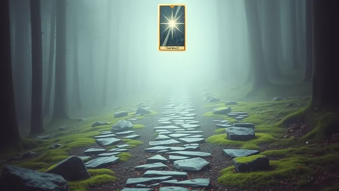 Символическое изображение двух путей в лесу, сходящихся вдали, как метафора личных изменений и потенциальной новой встречи после трансформации. Рядом парящая карта Таро Умеренность.