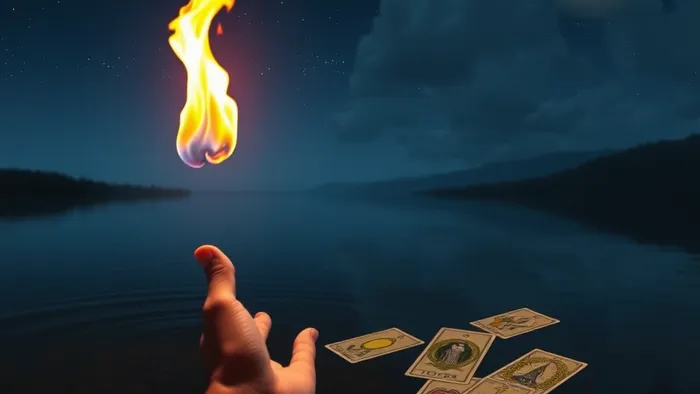 Символическое изображение выбора в отношениях: спокойная вода и тянущаяся к пламени рука, окруженные арканами Таро