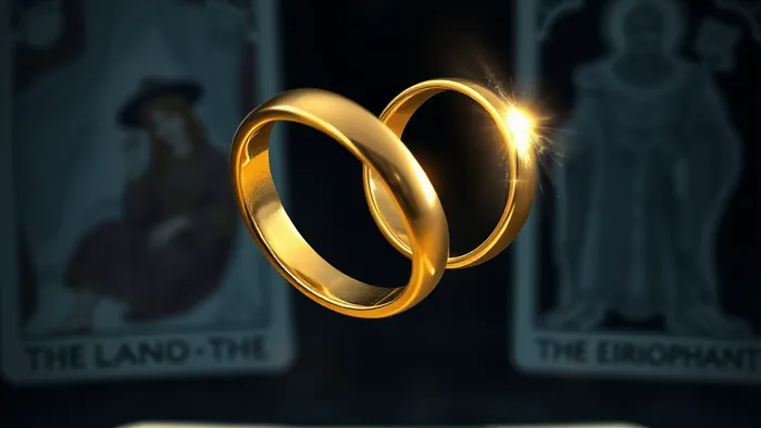 Символическое изображение дилеммы брака через призму Таро: два переплетённых кольца над картой Влюблённые.