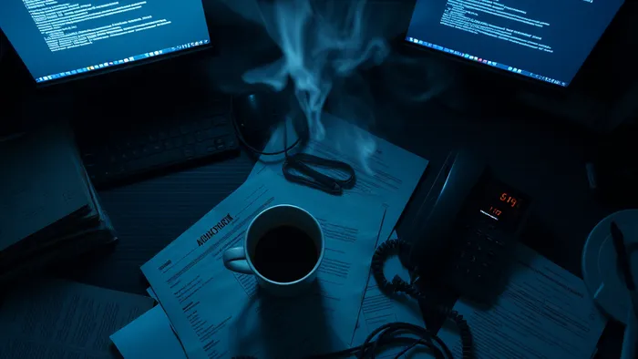 Хаотичный рабочий стол в современном офисе: разлитый кофе, запутанные провода, мониторы с ошибками. Над столом — лёгкая, едва уловимая дымка, создающая ощущение напряжения.