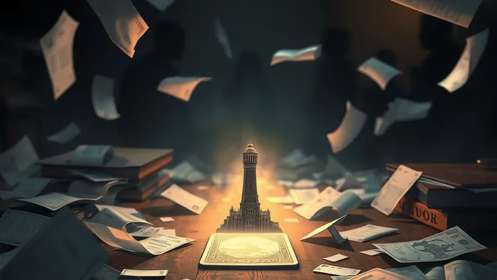Символическое изображение хаоса на рабочем столе с разлетающимися бумагами и картой Таро Башня в центре, подсвеченной таинственным светом.