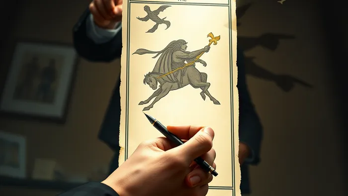 Символическое изображение фиксации договоренностей: рука пишет на пергаменте-карте Таро 'Колесница', на фоне — размытая фигура начальника с хаотичной тенью.