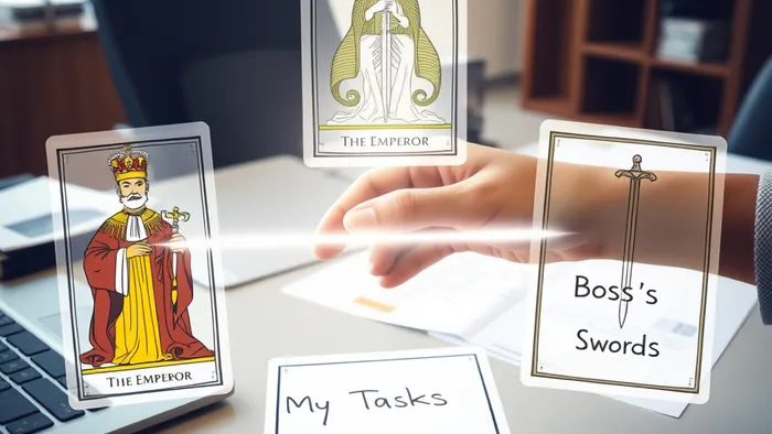 Символическое изображение: рабочий стол с картами Таро, разделяющий личной и задачи начальника