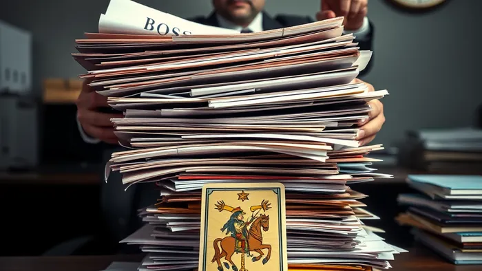Символическое изображение перегрузки на работе: руки держат кипу папок, часть помечена как 'БОСС', на столе среди хаоса лежит карта Таро 'Колесница'.