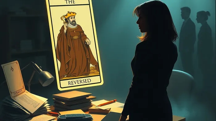 Символическое изображение рабочего конфликта через призму карты Таро Император в перевернутом положении, нависшей над столом в офисе.