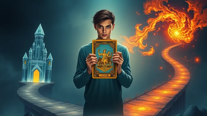 Символическое изображение выбора на перекрестке: путь к кристальному замку стабильности и путь к хаотичной туманности страсти. В центре человек с картой Таро.