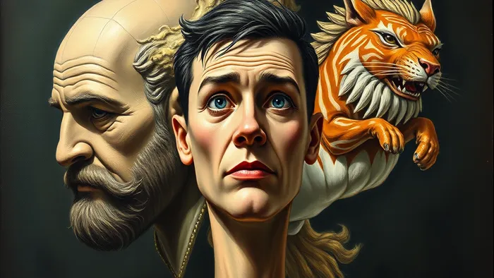 Символическое изображение выбора между стабильностью (архетип Императора Таро) и импульсивностью (архетип Колесницы). Человек стоит между двумя путями и смотрится в зеркало самопознания.