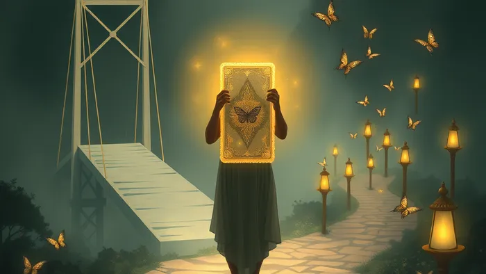 Символическая иллюстрация выбора между путём порядка (мост-Император) и путём спонтанности (тропа-Шут). В руках у человека светящаяся карта Таро, объединяющая оба пути.