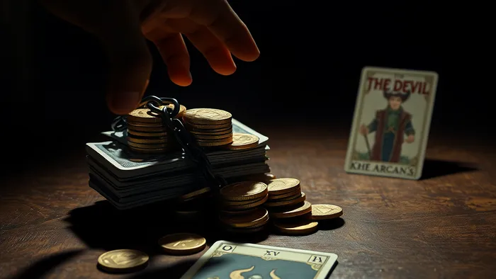 Символическое изображение выбора между быстрой прибылью и оковывающими последствиями: рука тянется к золотым монетам на цепи, рядом лежит карта Таро Дьявол.