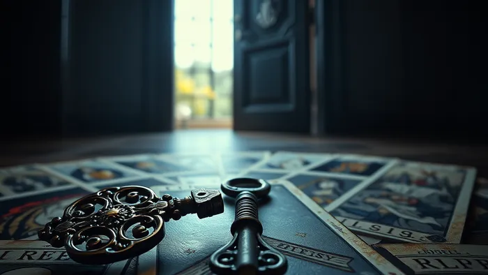Старинный ключ на раскладе карт Таро на фоне приоткрытой двери — символ выбора между новыми возможностями и прошлыми тайнами.