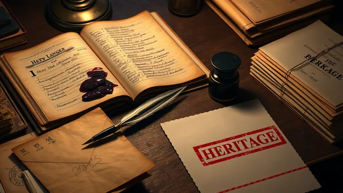 Рабочий стол автора: старинные рукописи, чернильница и современные юридические документы о наследстве авторских прав