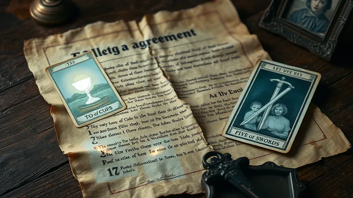 Символическое изображение соглашения о разделе наследства и карт Таро на фоне семейной истории.