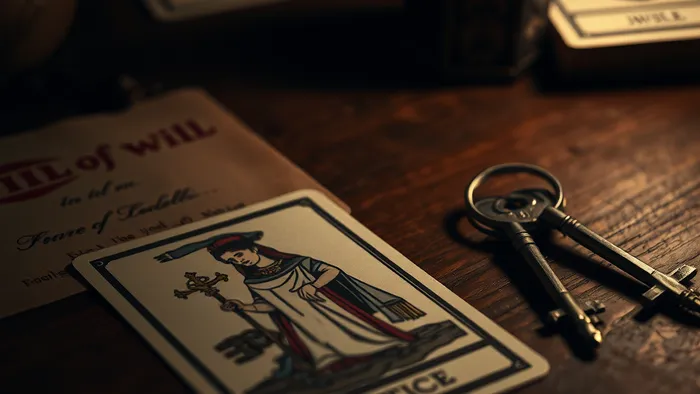 Карта Таро Справедливость лежит рядом со старым завещанием и ключами на деревянном столе — символ анализа вопроса о наследстве.