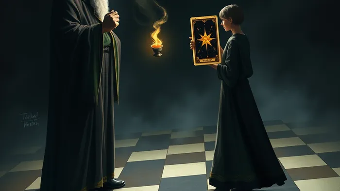 Символичное изображение конфликта наставника и подопечного на шахматной доске. Младший держит карту Таро "Звезда", освещающую новый путь.