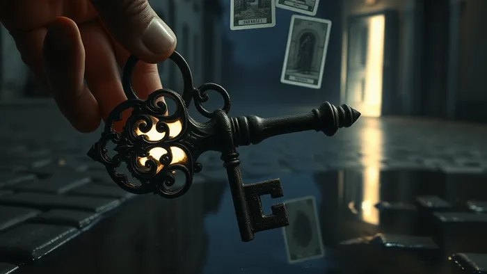 Символическое изображение сна о старинном ключе: рука держит светящийся древний ключ, в отражении которого видны две разные двери — старая и новая. Элементы карт Таро Отшельник и Шут.