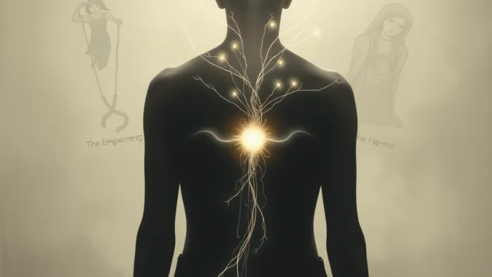 Символическое изображение человека, от сердца которого исходят светящиеся нити, встречающие невидимый барьер. На фоне парят полупрозрачные образы карт Таро: Повешенный, перевернутая Императрица и Отшельник.