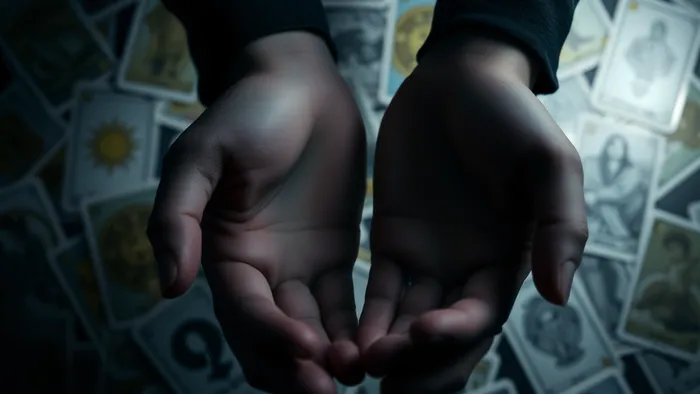 Символическое изображение рук, теряющих очертания на фоне карт Таро. Концепция онемения и нежелания действовать.